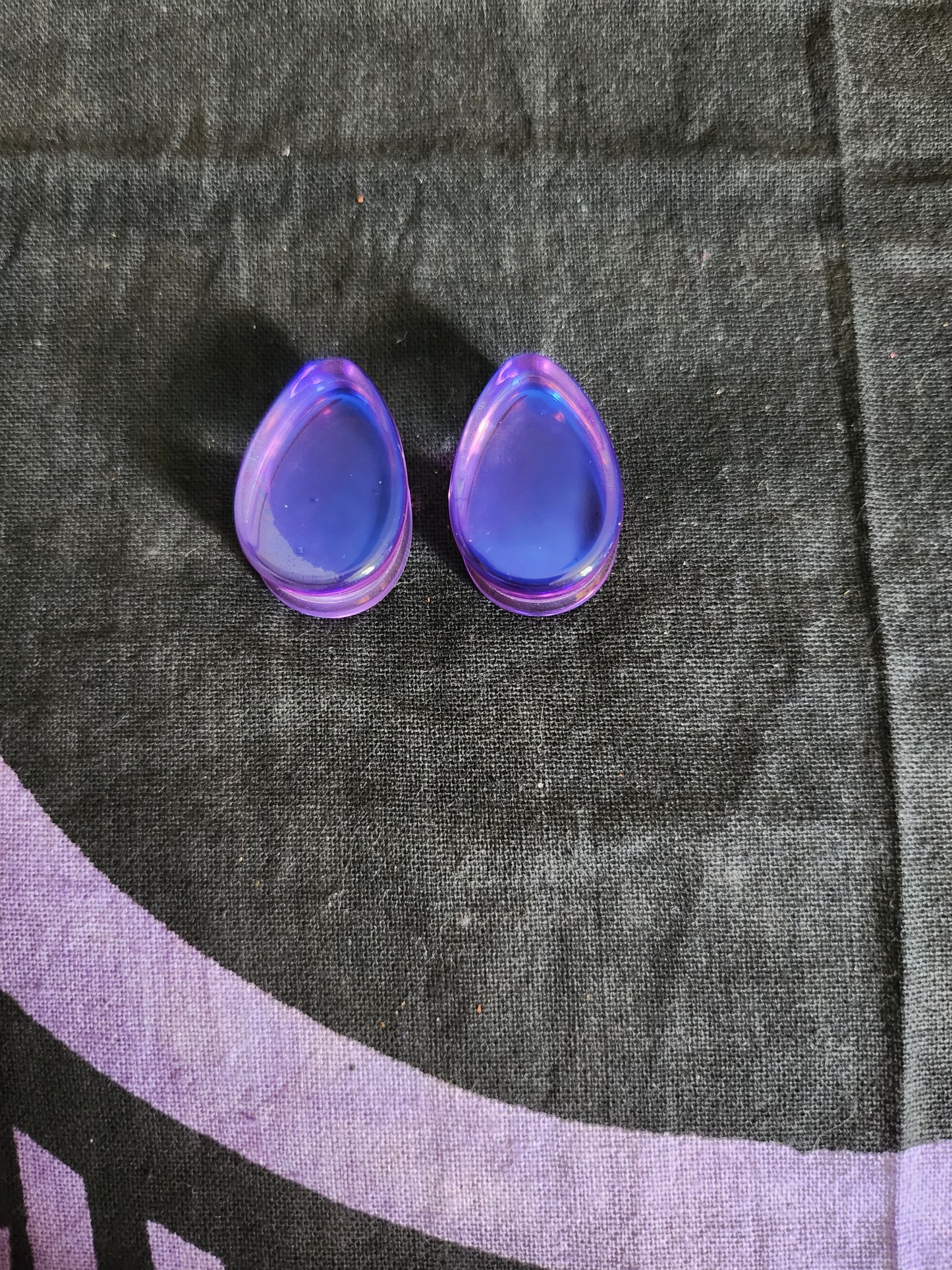 Purple Iridescent tear drop gages. Pair. 3/4"
