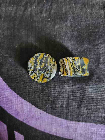 Yellow Black White Turquoise stone gages. Pair. 3/4"